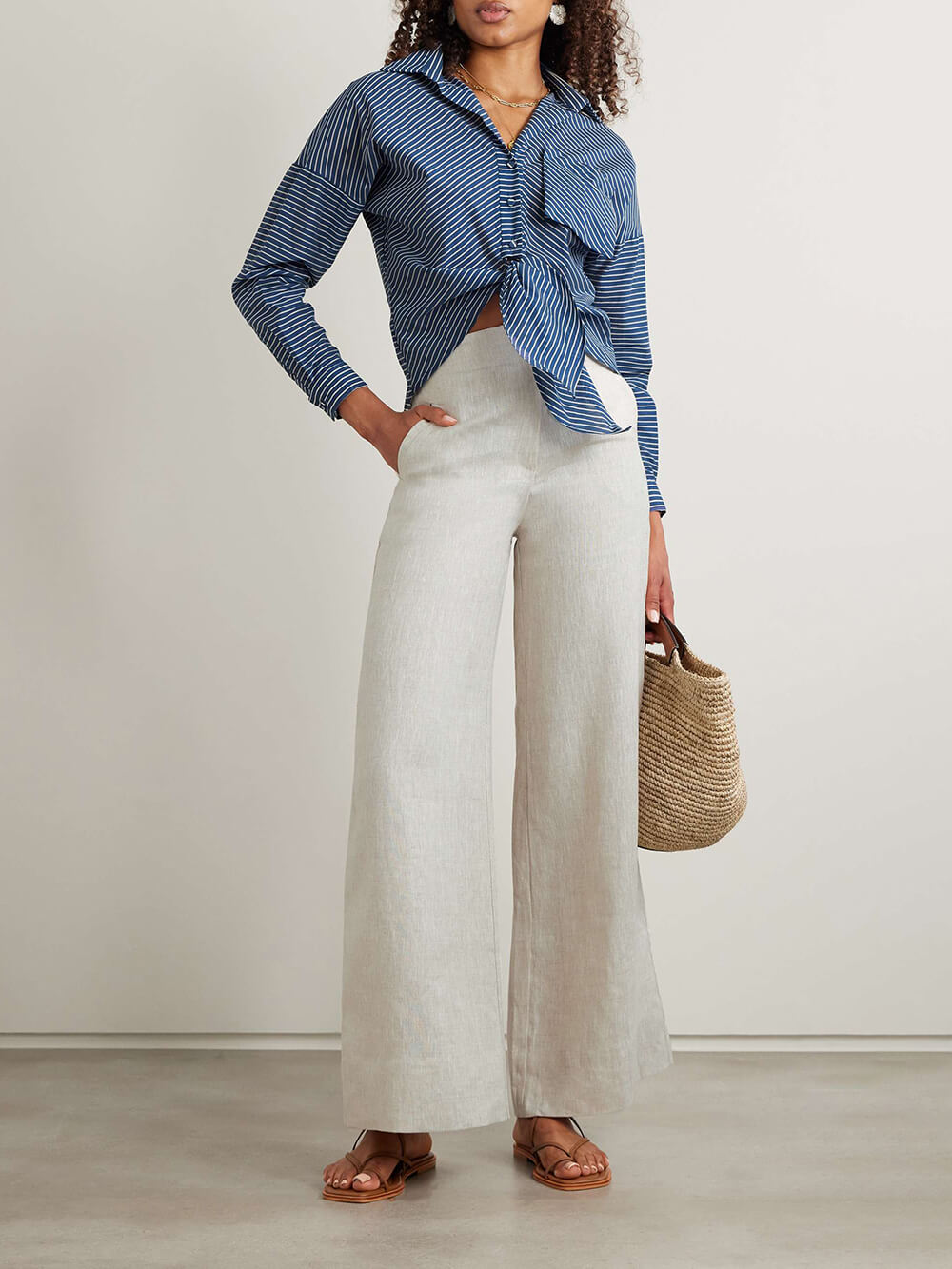 Classic Casual High-Waisted Linen Pocket Wide-Leg Pants