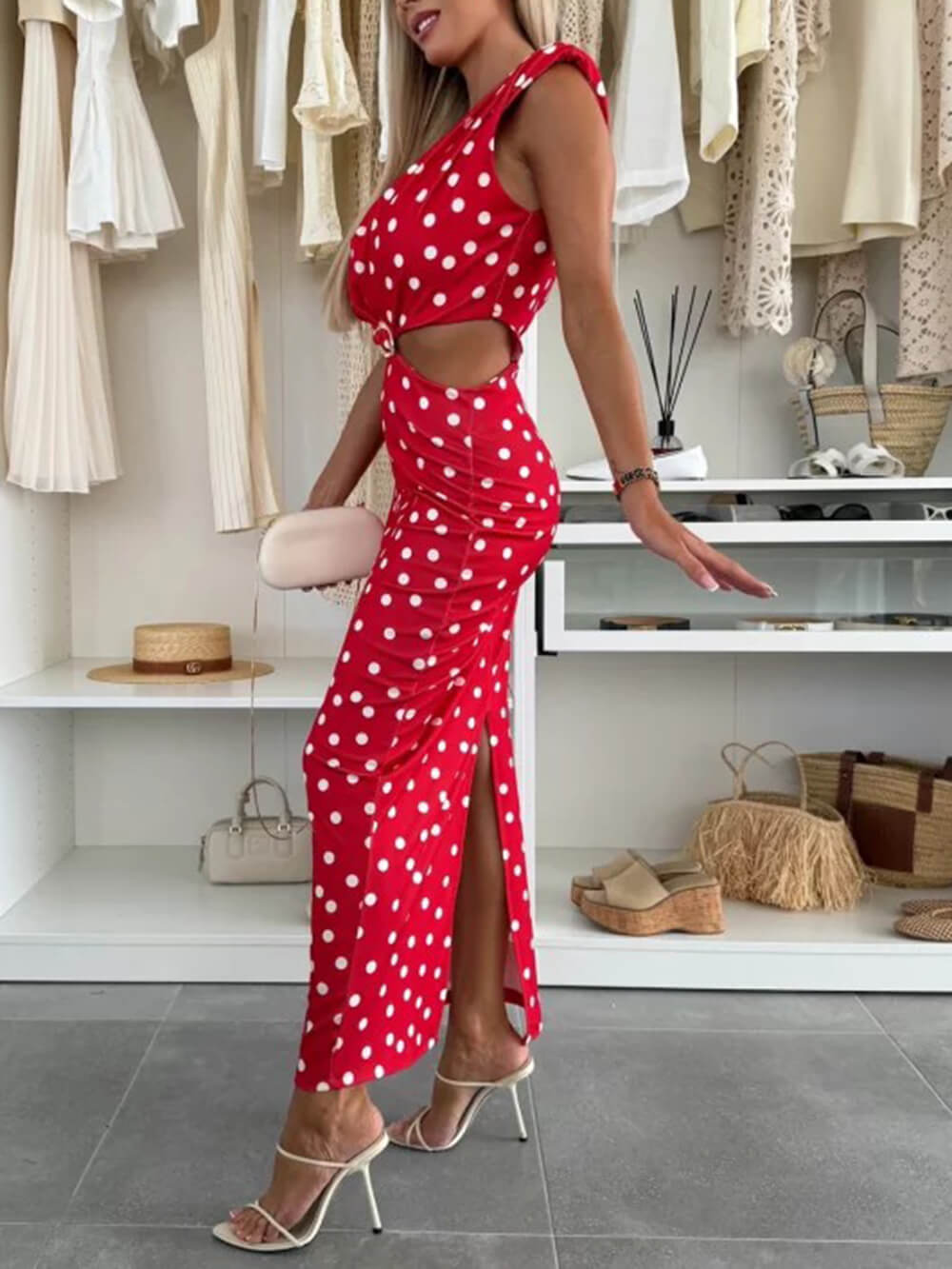 Elegance Timeless Polka Dot Print Cutout Maxi Dress