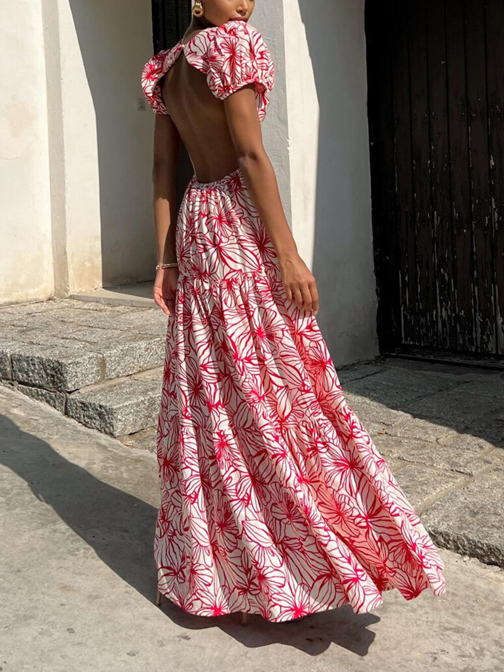 Beautiful Floral Print Cutout Open Back Pleated Maxi Dress