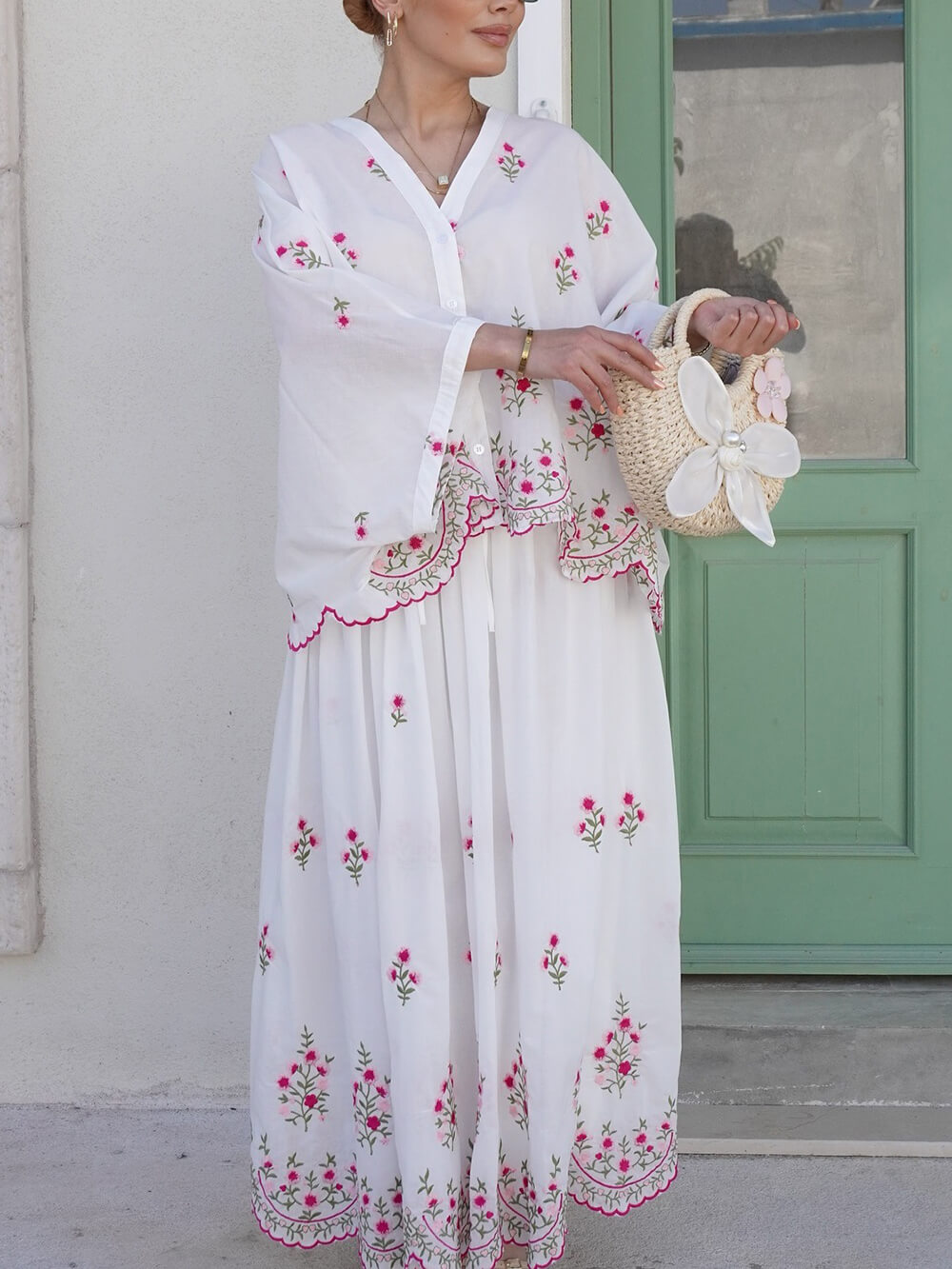 Delicate Floral Embroidered Ruffle Blouse