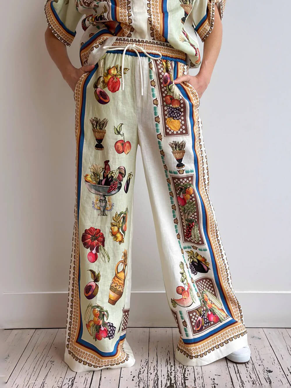 Unique Tropical Luxe Satin Fruit Print Loose Elastic Waist Wide-Leg Pants
