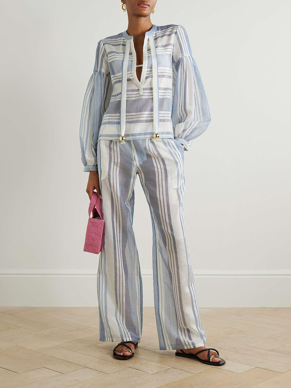 Retro Striped Print Pockets Straight-Leg Pants