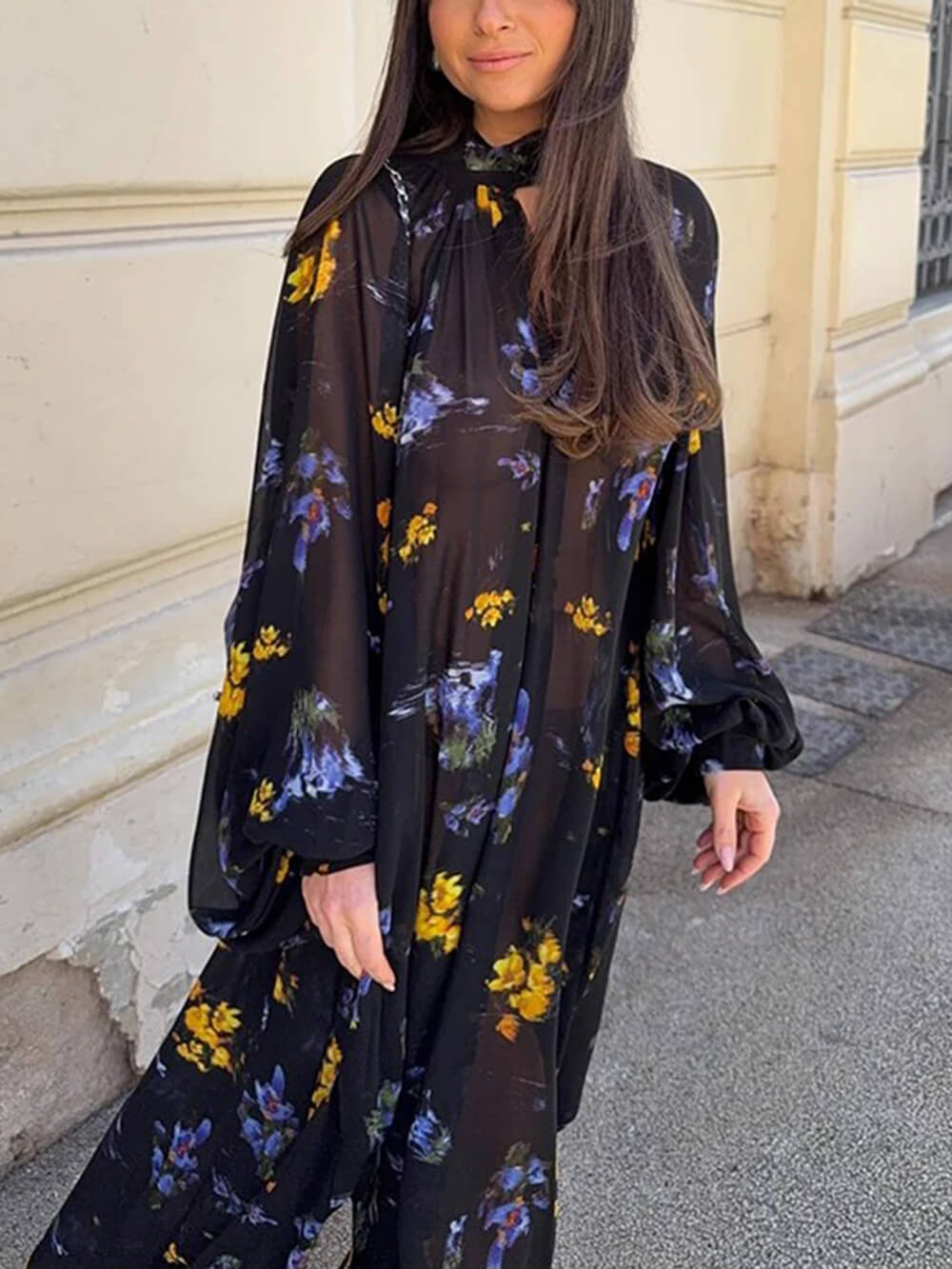 Elegant Floral Print High-Neck Lantern Sleeve Bohemian Maxi Dress