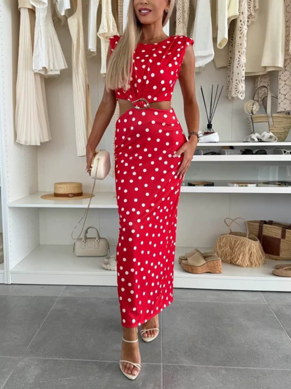 Elegance Timeless Polka Dot Print Cutout Maxi Dress