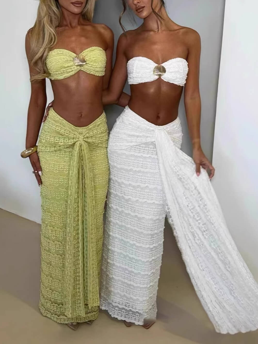 Elegant Strapless Shell-Embellished Top & Ruched Skirt Set