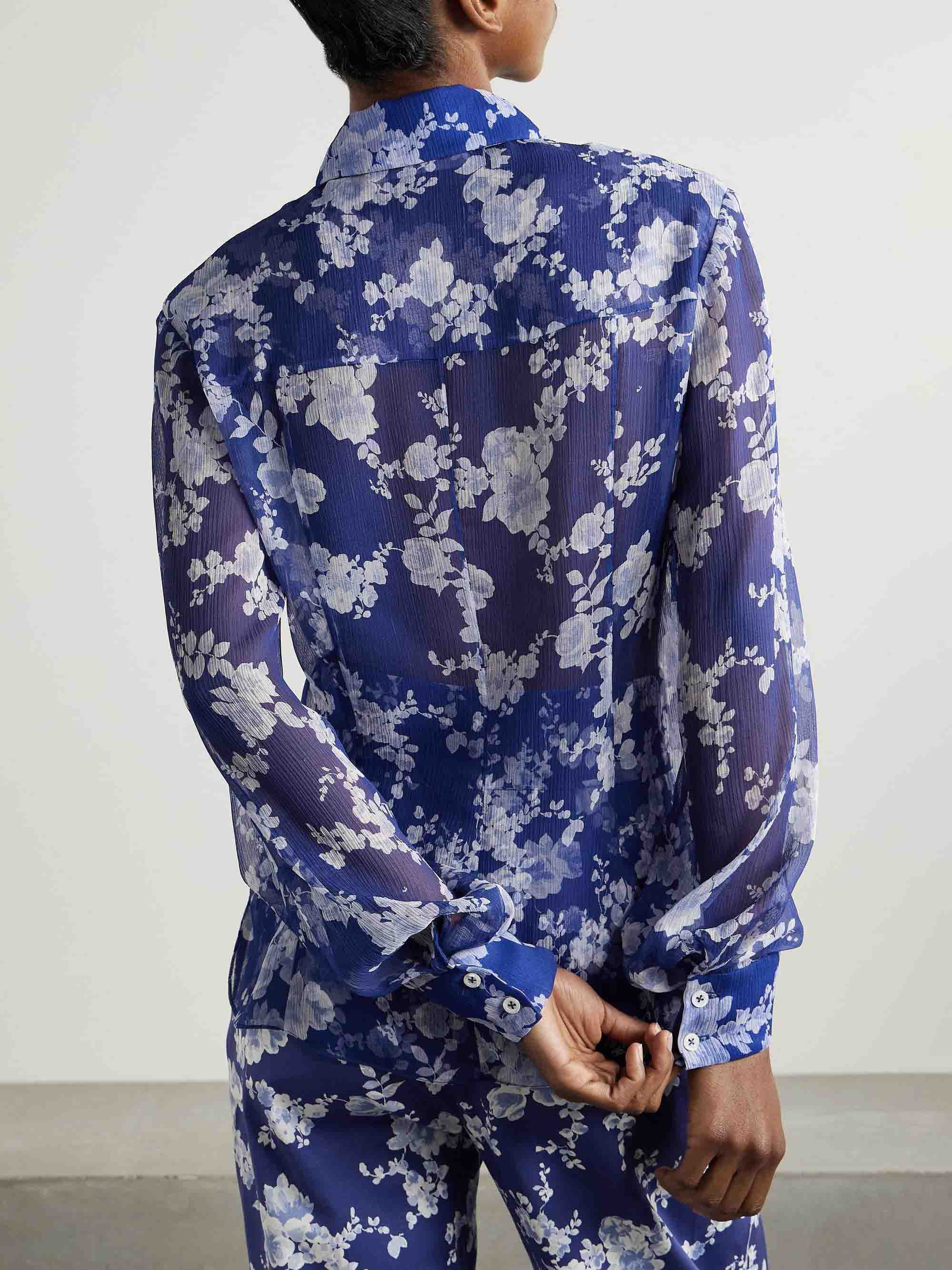 Exquisite Floral Print Chiffon Sheer Long-sleeved Shirt