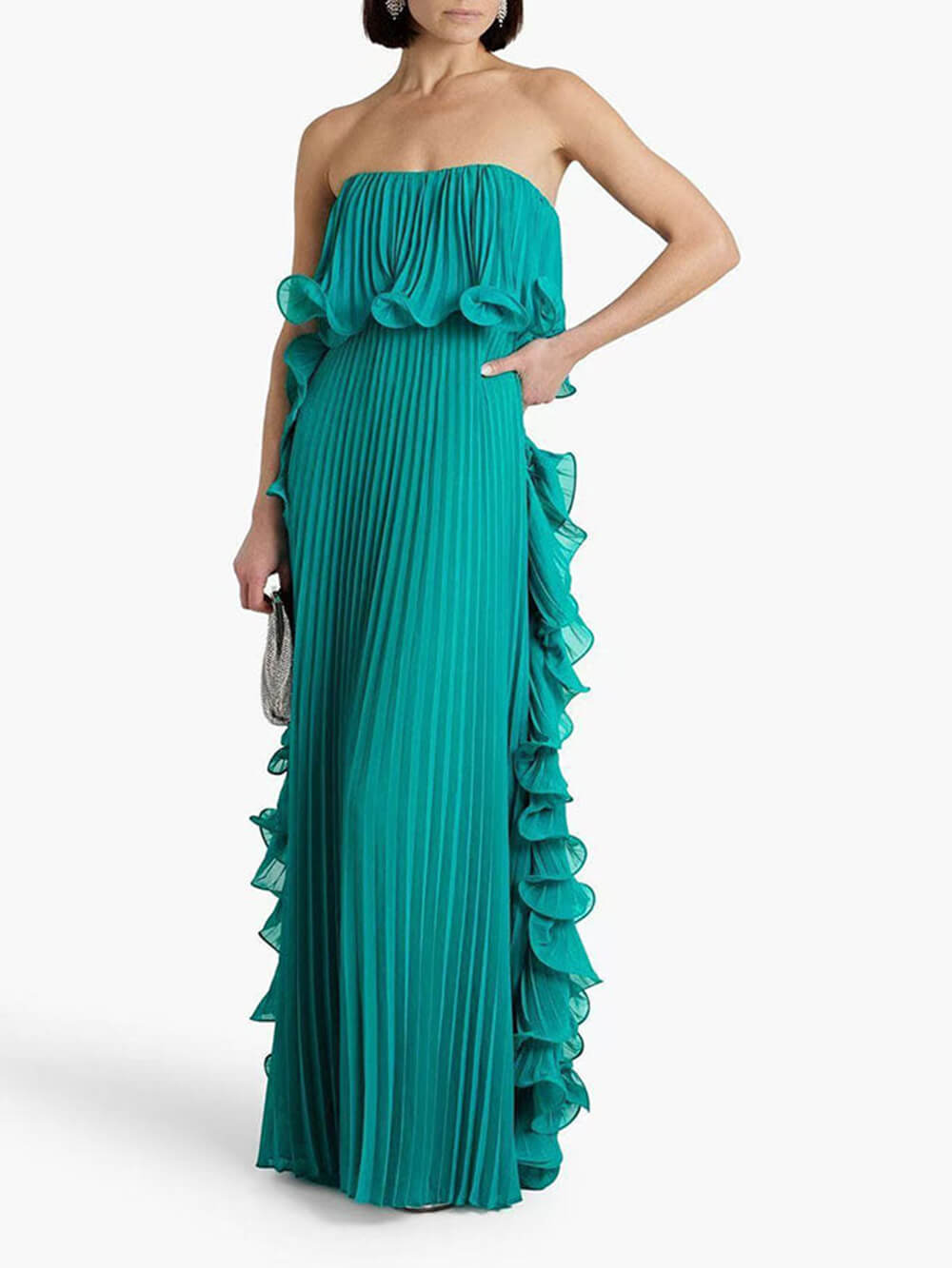 Elegant Chiffon Pleated Wavy Ruffles Trim Strapless Loose Maxi Dress