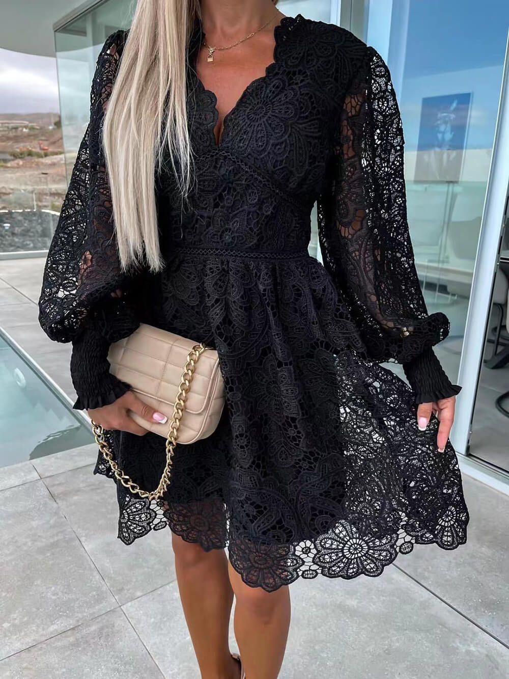 Sexy Hollow Lace Mini Dress