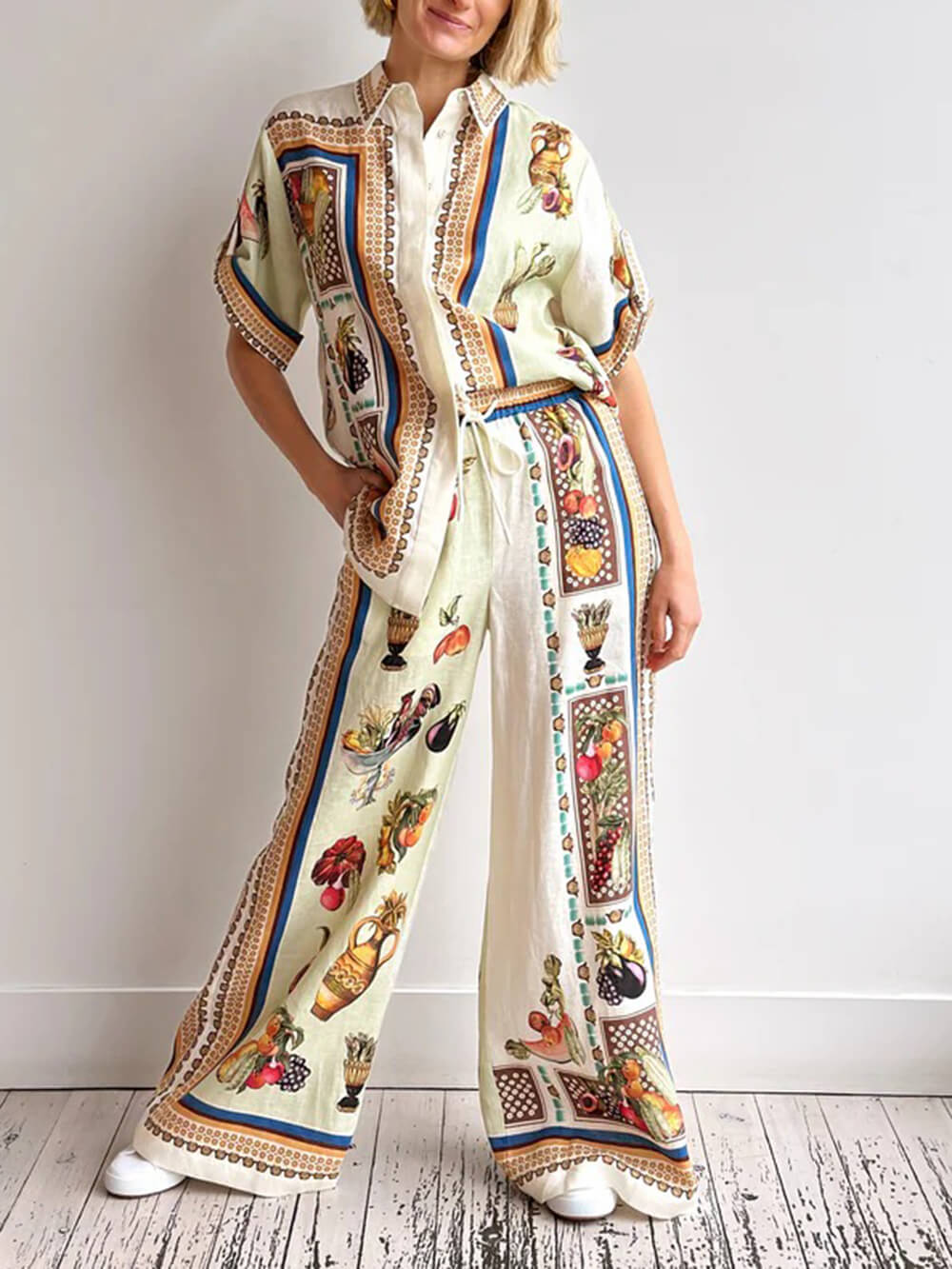 Unique Tropical Luxe Satin Fruit Print Loose Elastic Waist Wide-Leg Pants