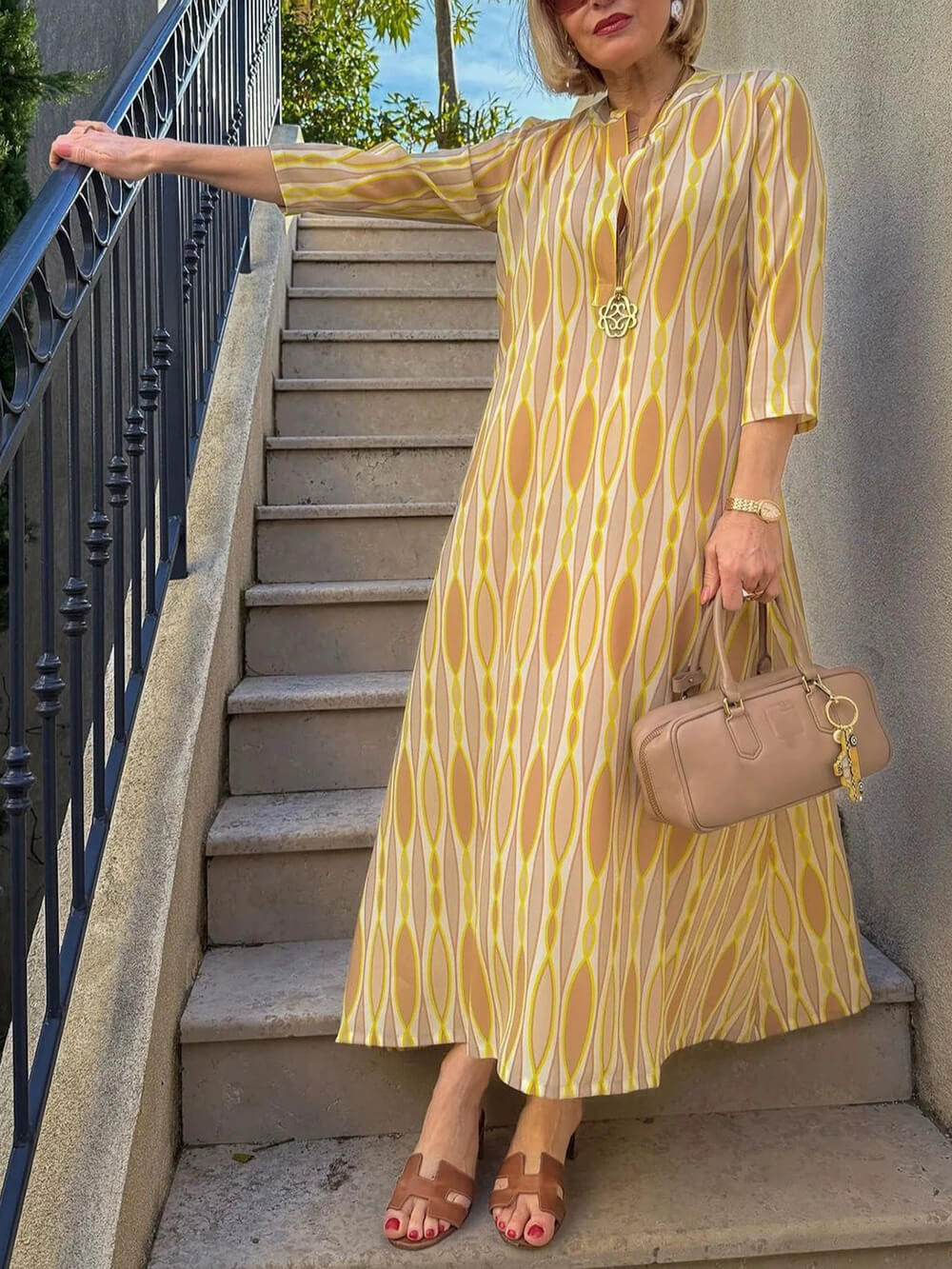 Casual Effortless V-Neck Printed Vacation Maxi Dress
