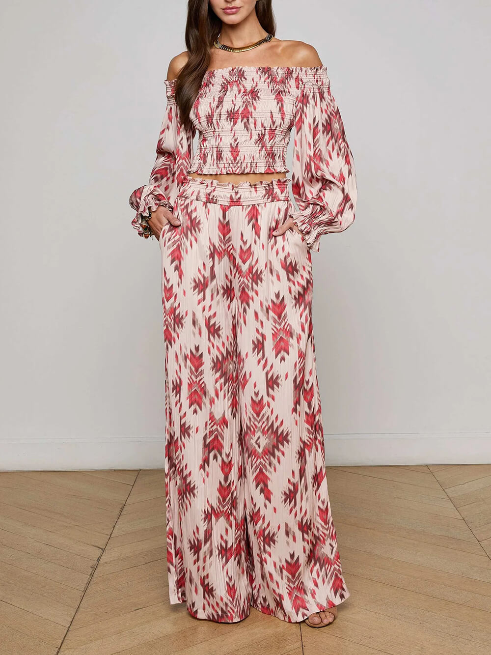 Retro Printed Ruched Stretch Off-Shoulder Top