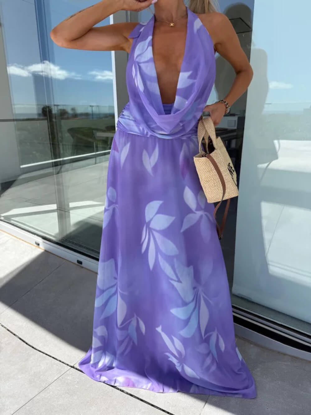 Elegant Printed Tie-Waist Cutout with Cowl Neck Maxi Dress