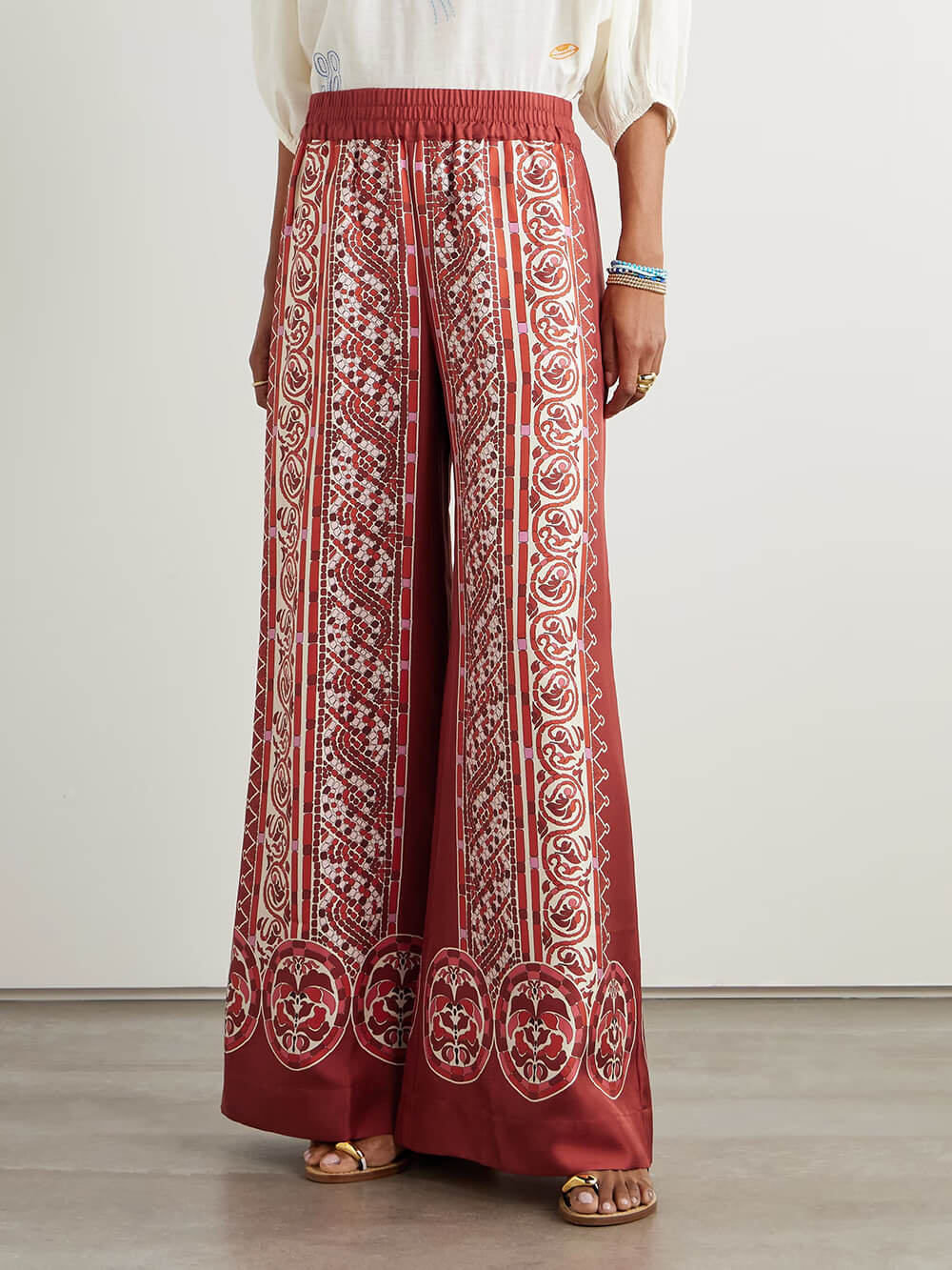 Retro Unique Print Satin Twill Wide-Leg Pants