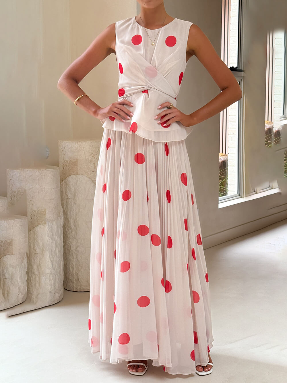 Delicate Red Polka Dot Print Ruched High-Waist Skirt