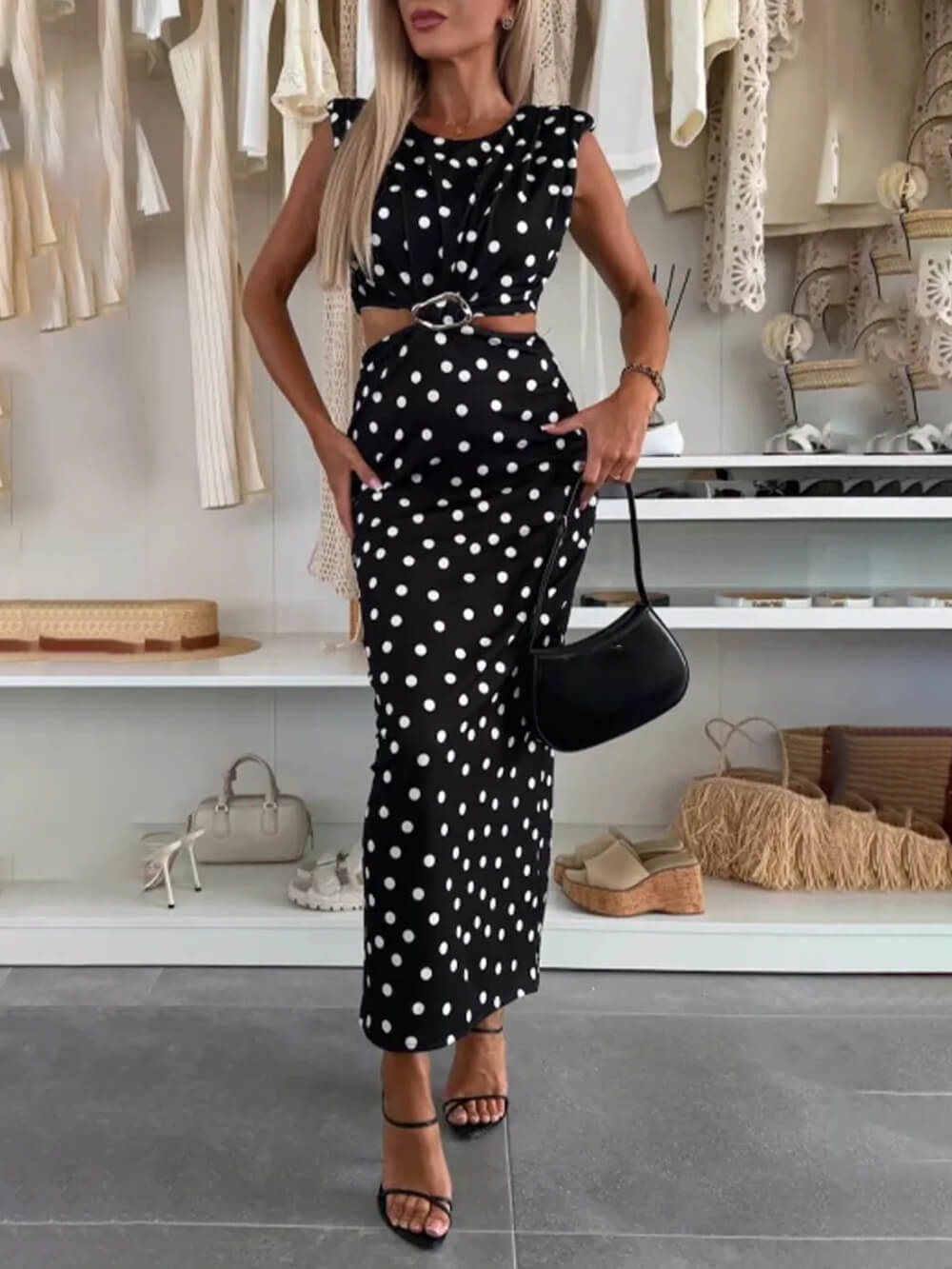 Elegance Timeless Polka Dot Print Cutout Maxi Dress