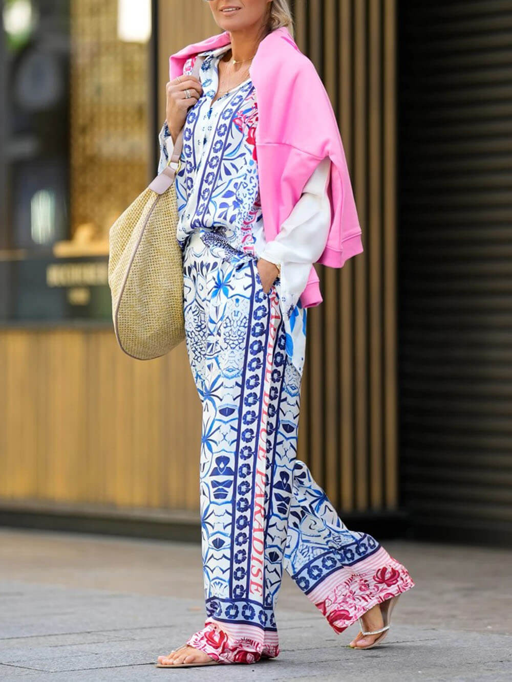Unique Ethnic Patchwork Print Loose Pocket Wide-Leg Pants