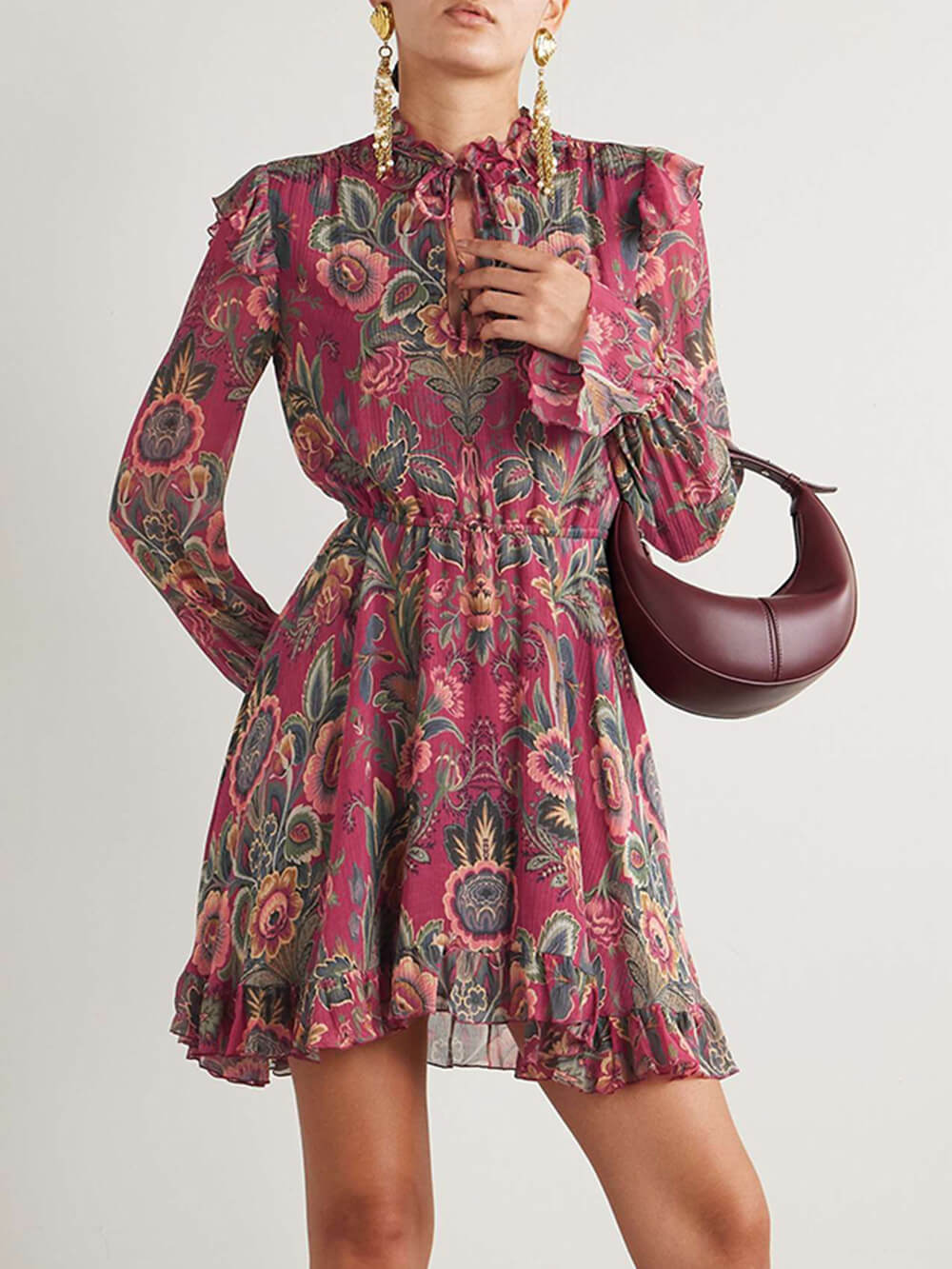 Boho Ruffle Trim Printed Crinkled Mini Dress