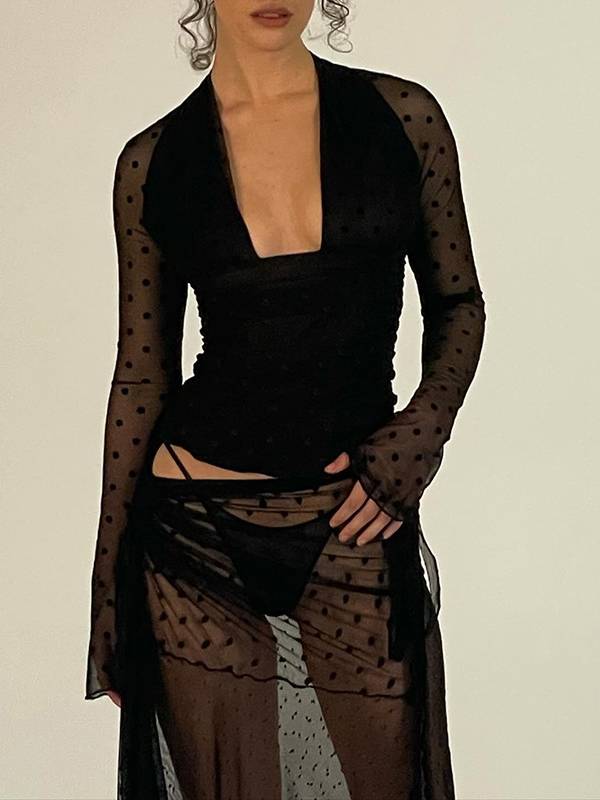 Polka Dot Lace See-Through Top T-Shirt