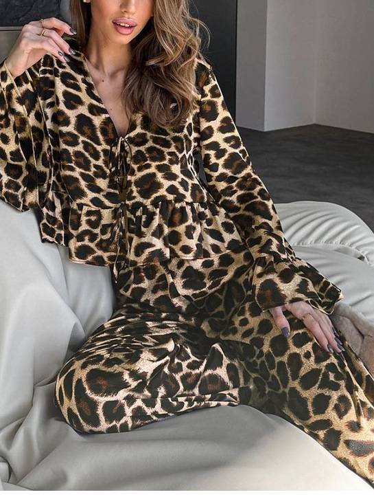 Leopard Printed Long Sleeve Long Pants HomeWear Suit