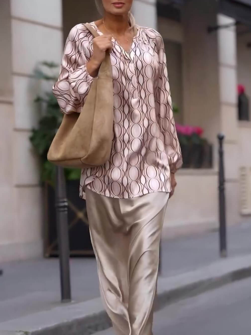 Retro Circle Print Charm Cuffs Loose Fit Shirt