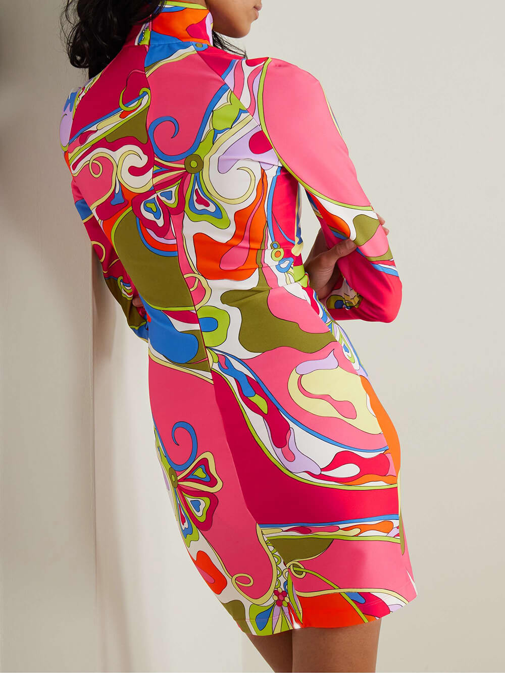 Retro Print Stretch Twill Turtleneck Mini Dress