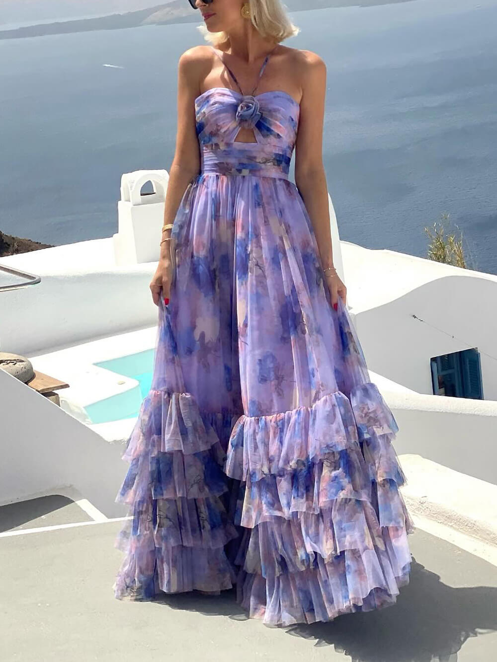 Elegant Floral Print Chiffon Layered Halter Maxi Dress