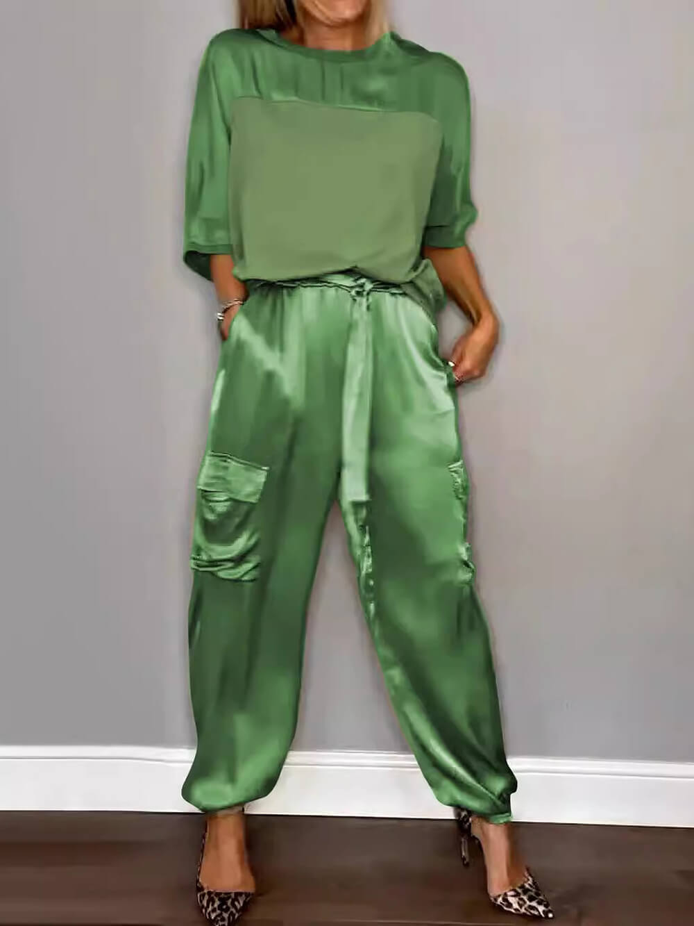 Smooth Satin Half-sleeved Top and Pant Suit Two-Piece