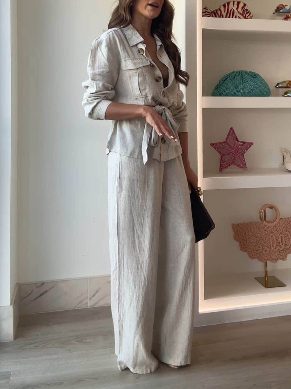 Classic Linen Elastic Waist Pocket Loose Wide Leg Pants