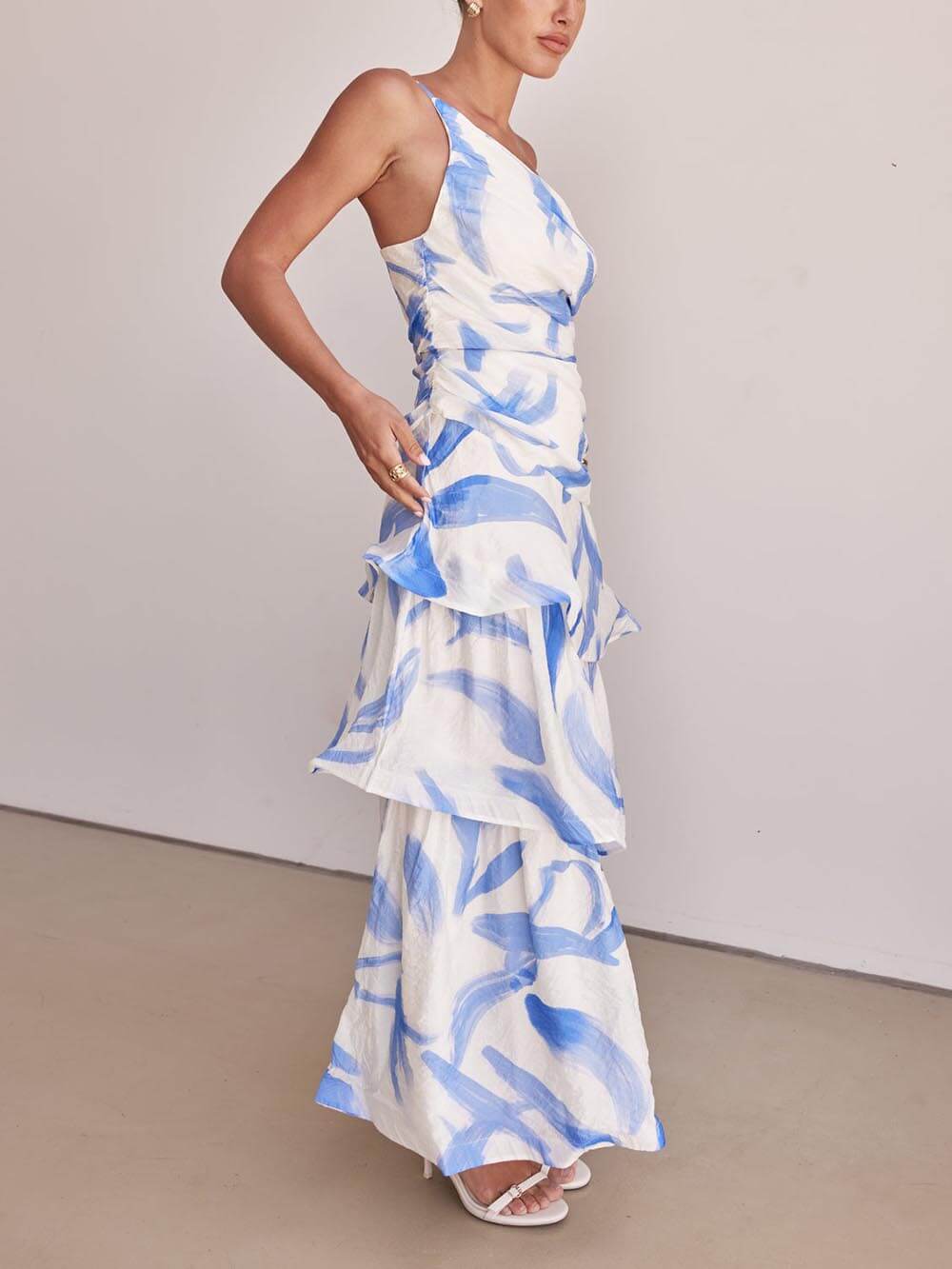 Unique Pleated Asymmetric Neckline Print Maxi Dress