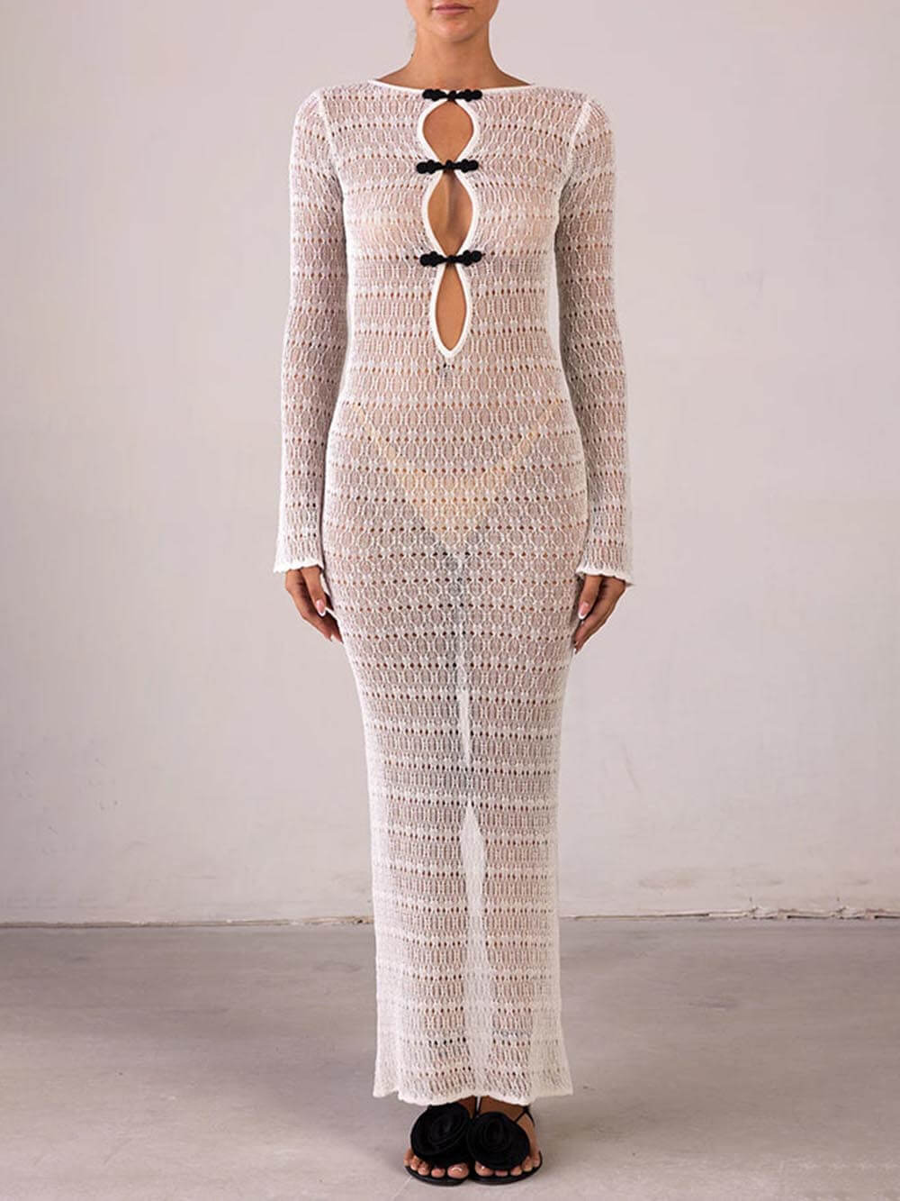 Retro Knit Contrast Spiral Trim Cutout Long Sleeve Vacation Maxi Dress