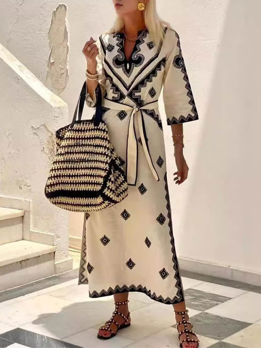 Bohemian Style Unique Print Belted Midi Dress