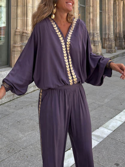 Modern Feel Unique Gold Trim Stitching Elastic Waistband Pocket Straight Pants