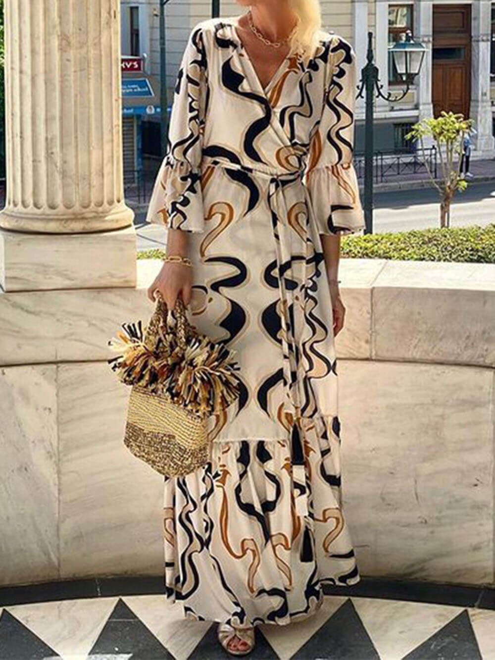 Bohemian Pattern Print Waist Tie Loose Maxi Dress