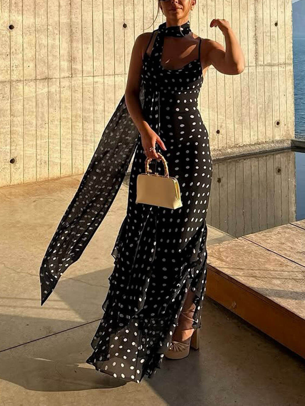 Delicate Polka Dot Print Halter Chiffon Ruffle Trim Maxi Dress