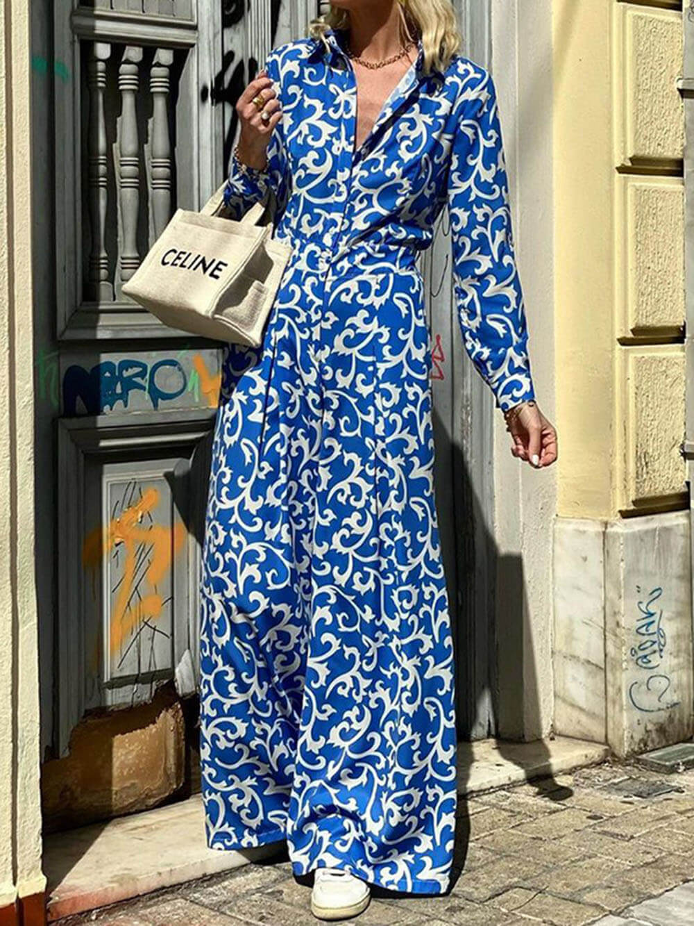 Fashion Print Lapel Waist Midi Dress
