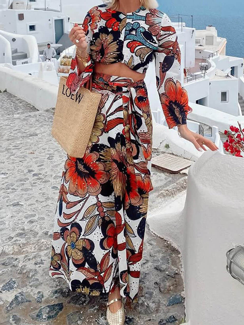 Unique Colorful Print Navel-Baring Lace-Up Maxi Dress