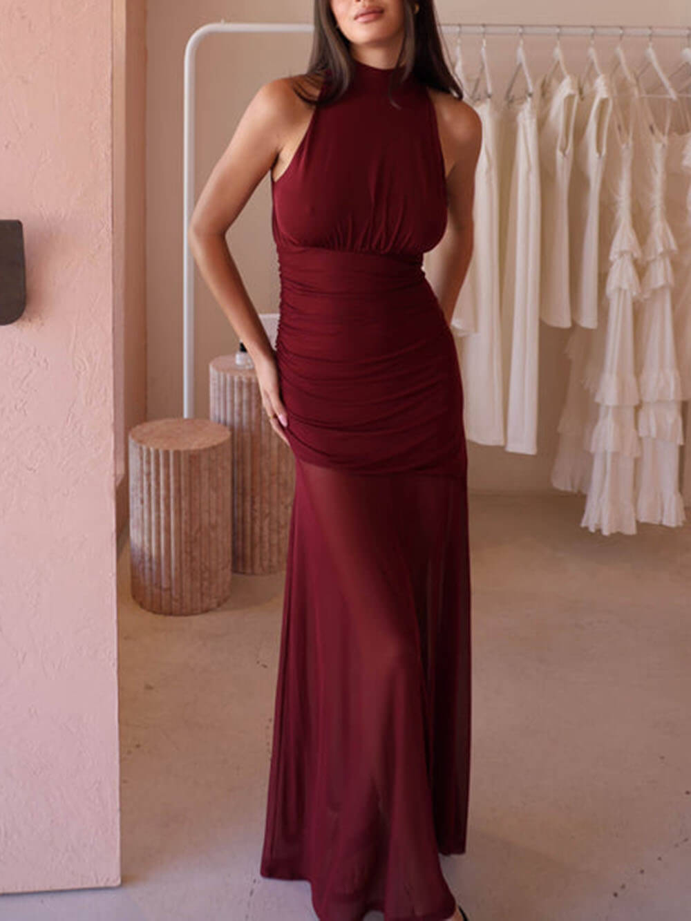 Fresh Style Mesh Paneled Pleated Bow Tie Maxi Dress