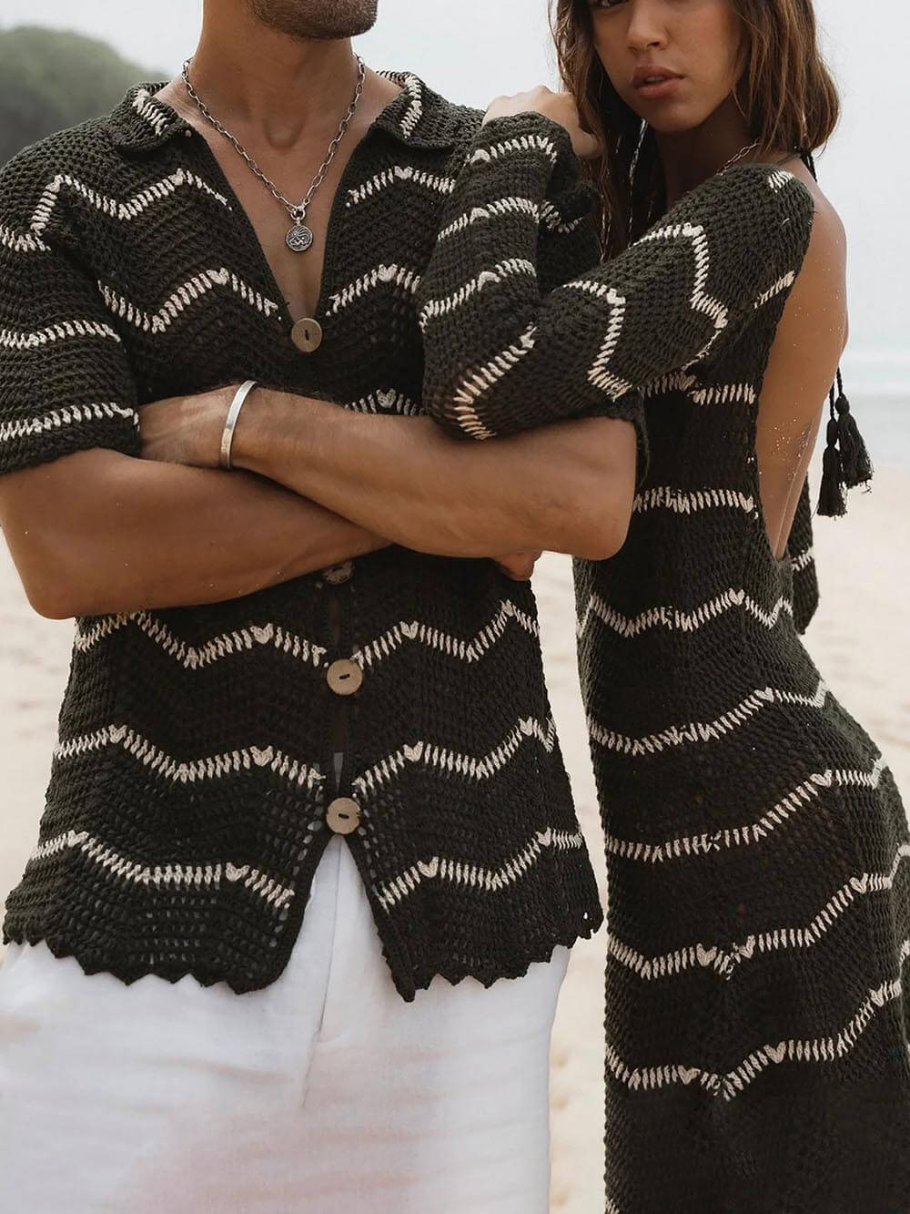 Couple Sexy Striped Backless Button-Up Shirt Top Bikini Cover-Up
