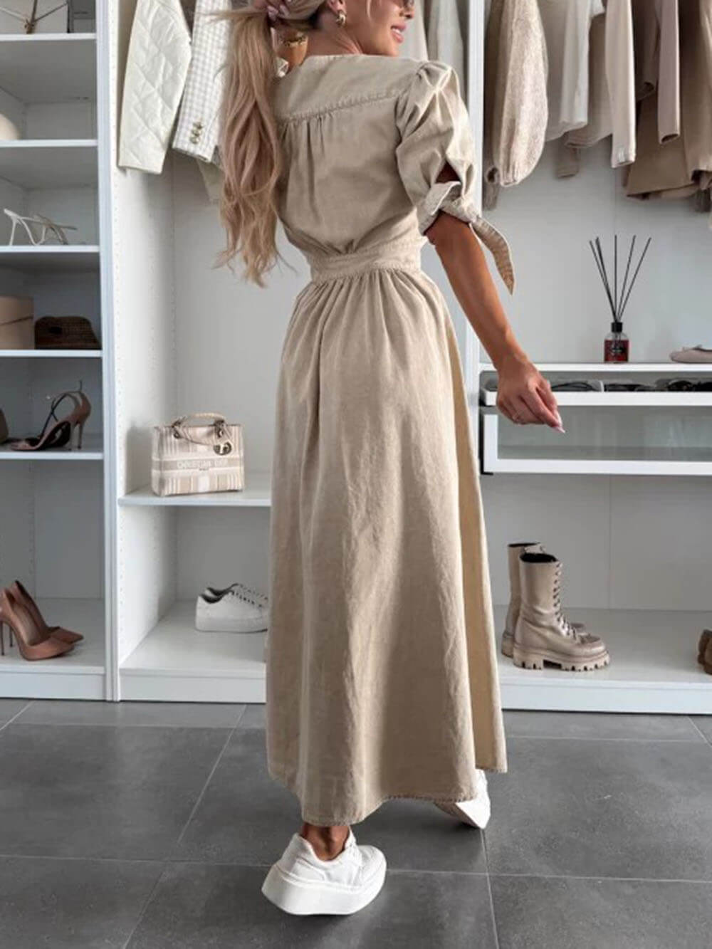 Unique Pleats Solid Color V-Neck Button-Down Denim Midi Dress