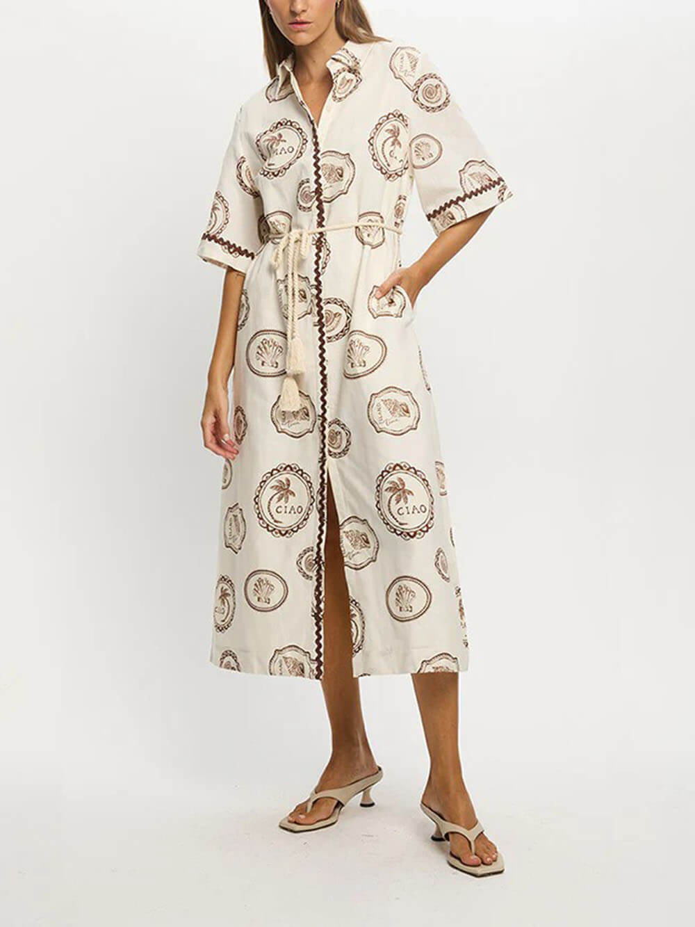 Modern Feel Linen Unique Ocean Print Cardigan Button Midi Dress
