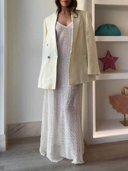 Elegant Crochet Hollow Flared Hem Spaghetti Strap Maxi Dress