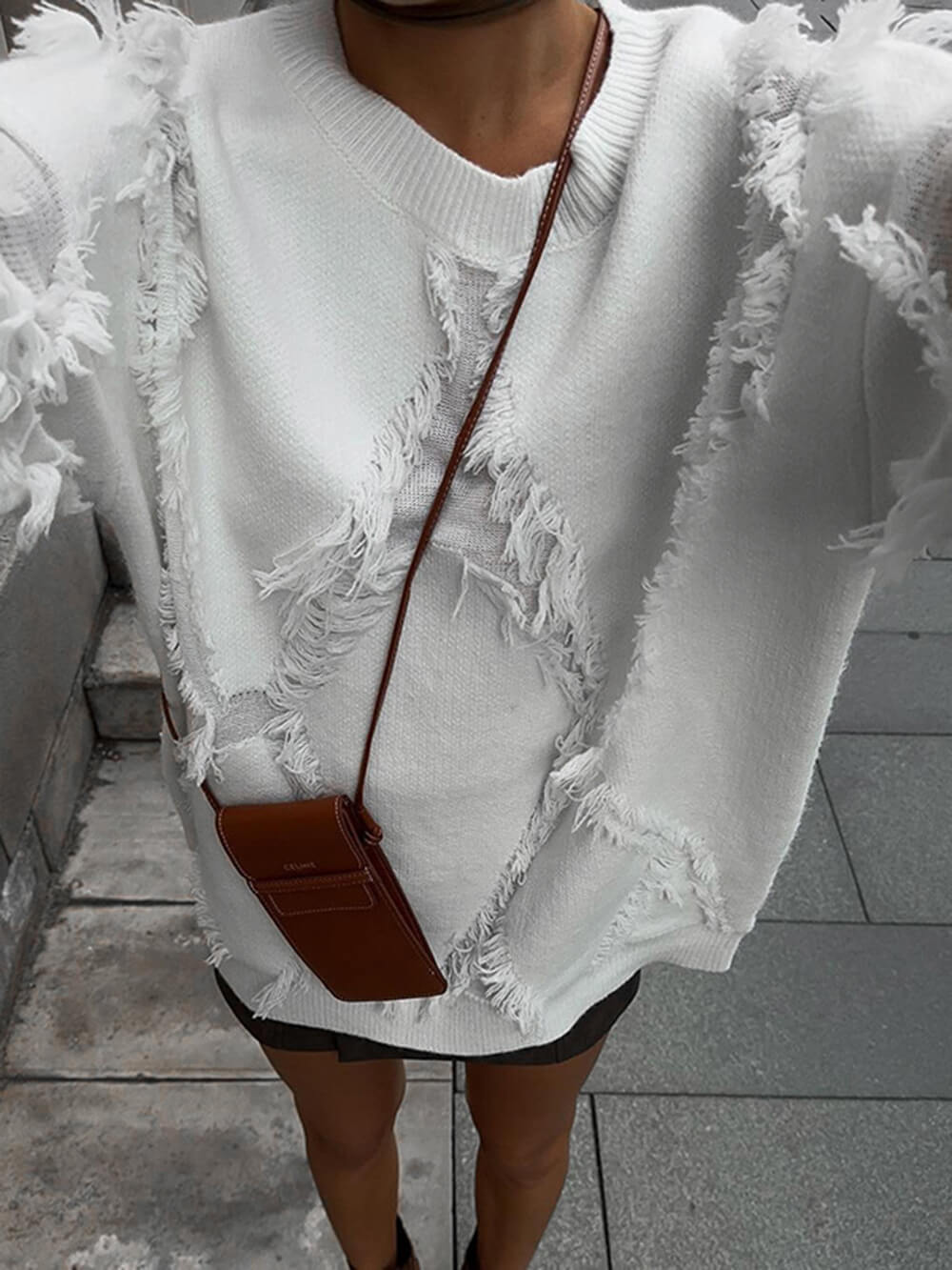 Unique Diamond Tassel Hollow Design Loose Sweater