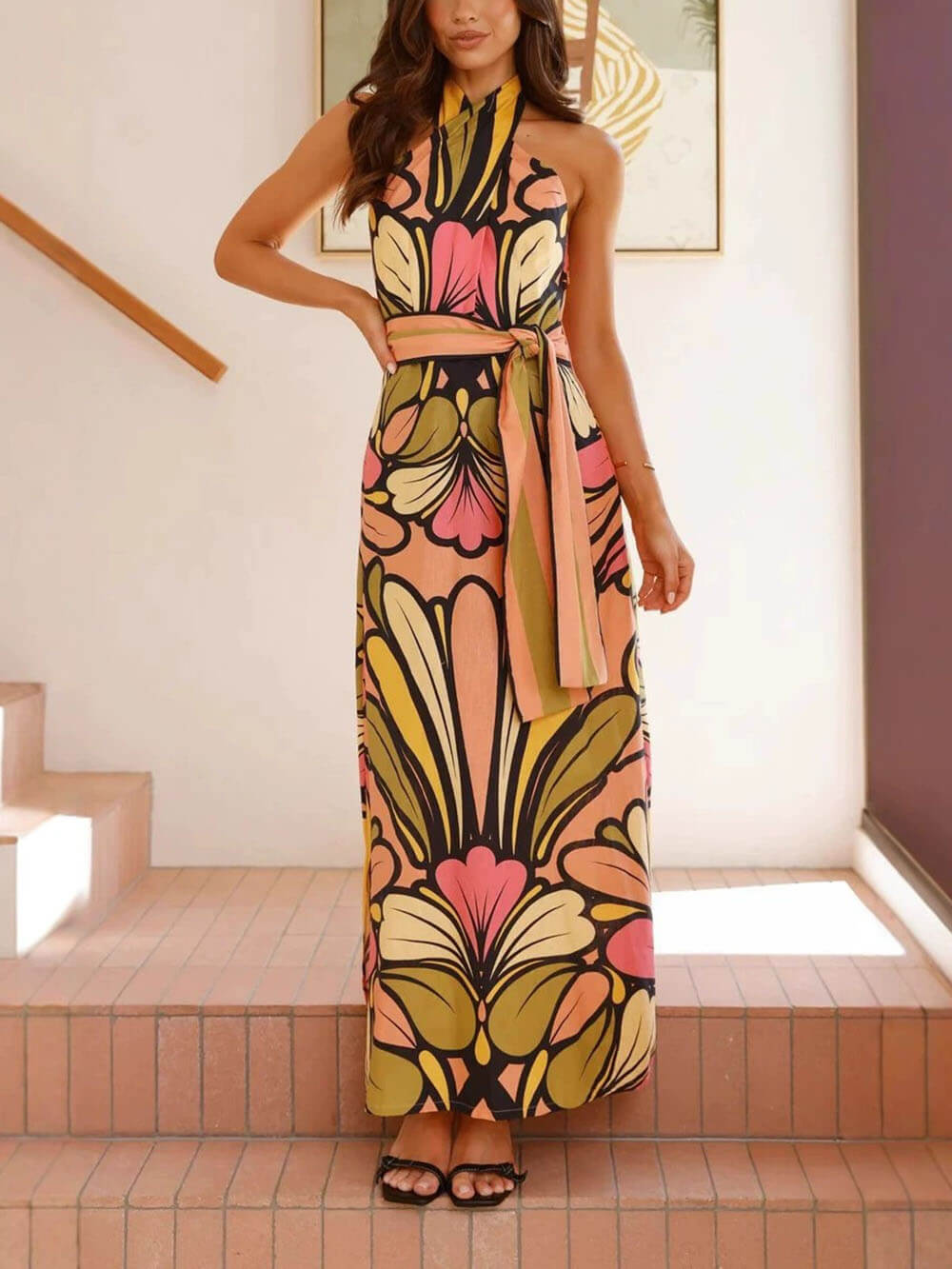 Elegant Floral Print Twist Neck Linen Halter Maxi Dress