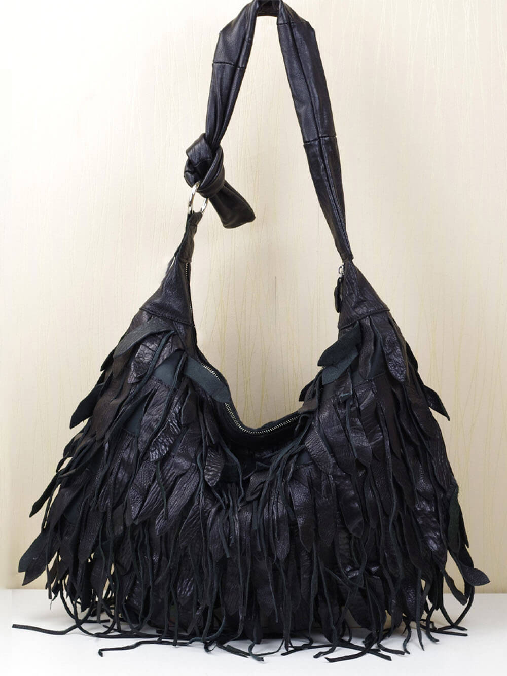 Casual Black Striped Tassel Personality Hobo Shoulder Bag