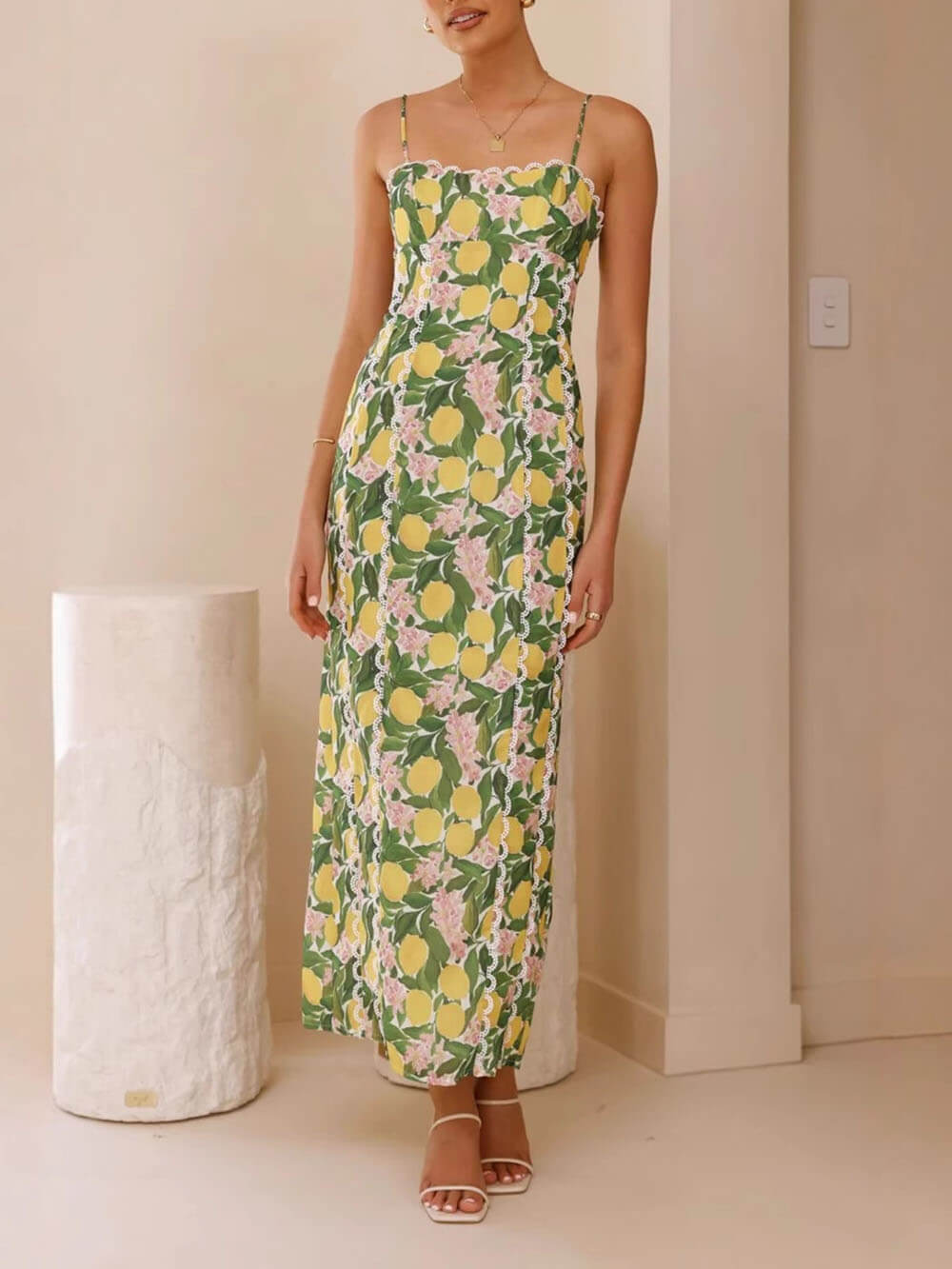 Sexy Linen Suspender Lace Slit Maxi Dress