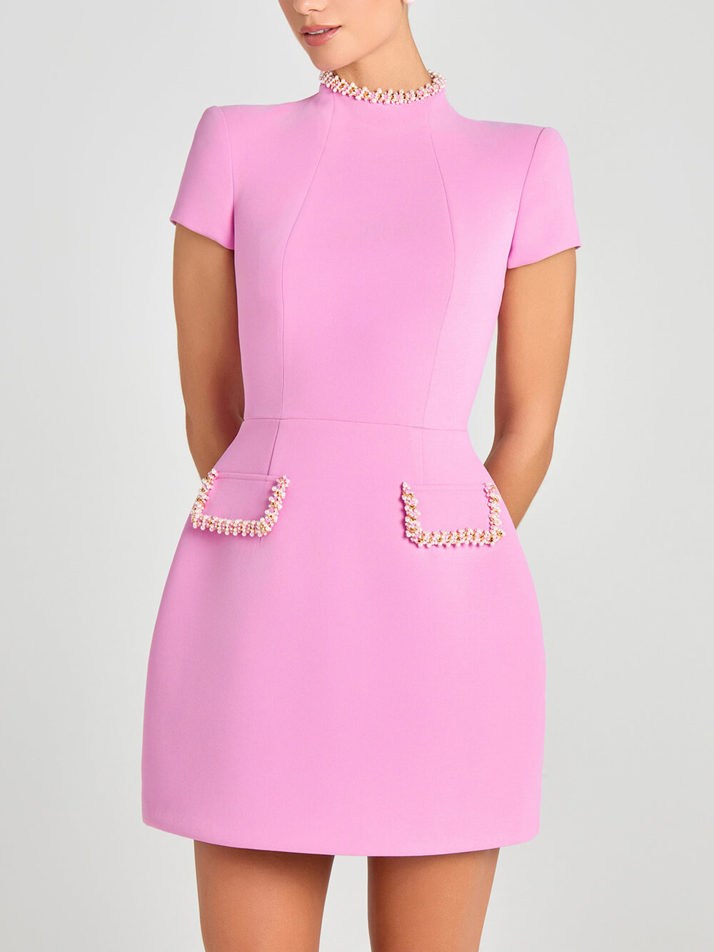 Elegant and Sweet Scent Pearl Trim Short Sleeve Pocketed Mini Dress