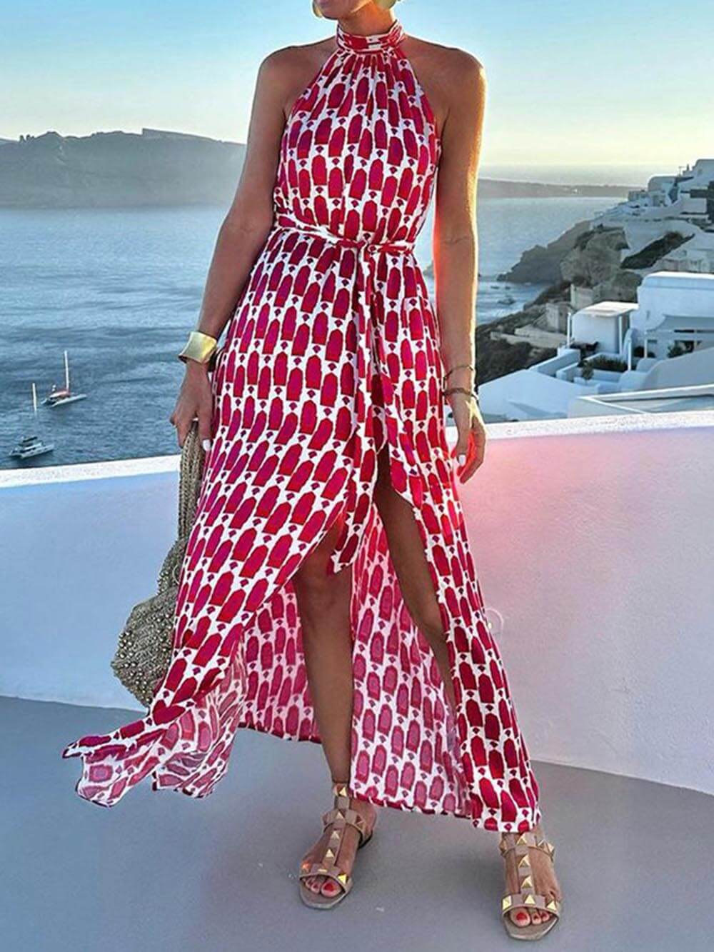 Sexy And Fashionable Printed Halter Neck Beach Slit Midi Dress