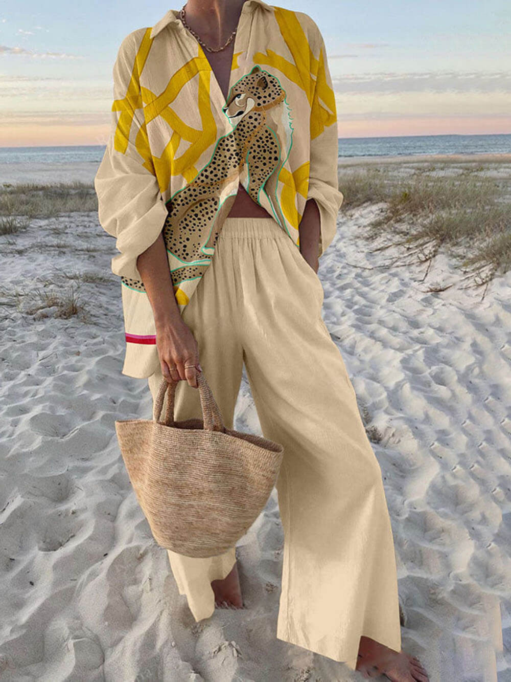 Modern Casual Leopard Print Oversized Shirt and Elastic Waist Pocket Pants Set