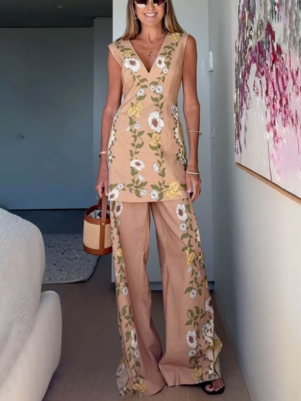 Chic Perfect Style Linen Blend Floral Midi Sleeveless Top