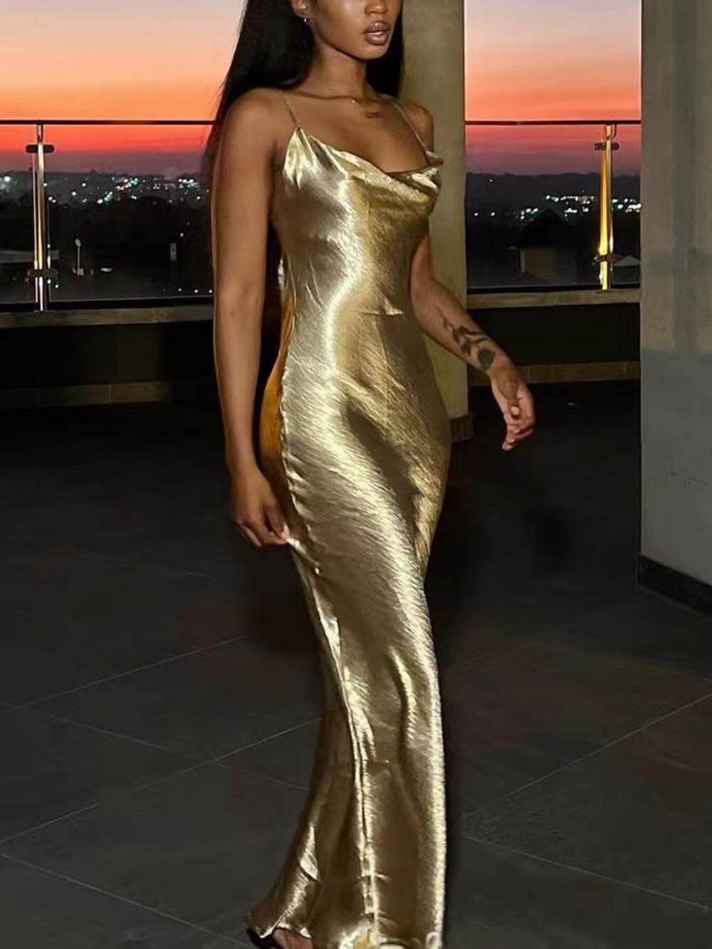 Elegant Satin Backless Spaghetti Strap Maxi Dress